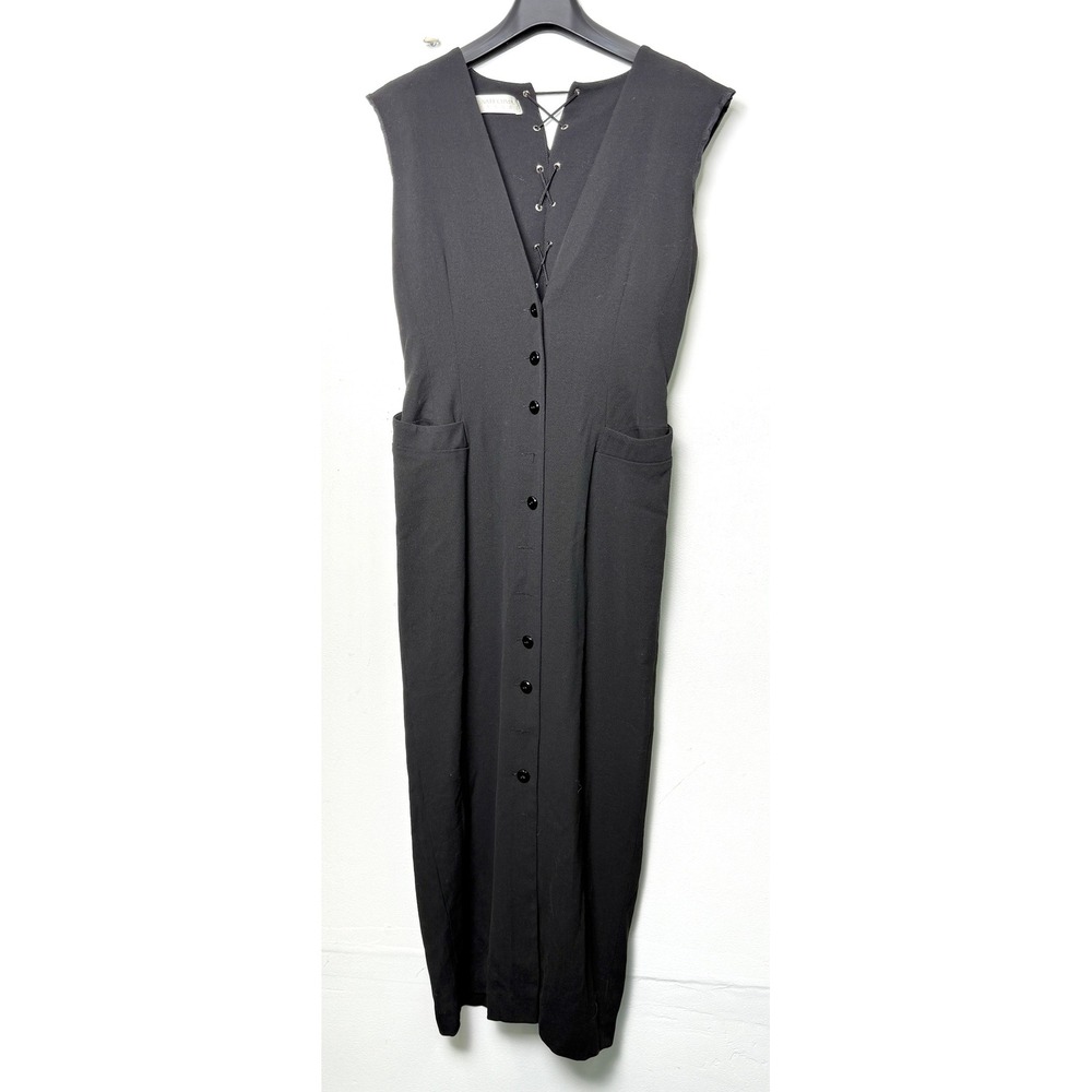 VTG Dana Buchman Black Wool Lace Up V Neck Button Front Midi Dress‎ Size 6
